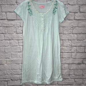 Vintage Pink Label Cotton Chemise Nightgown Teal Blue Size M Short Sleeve Floral